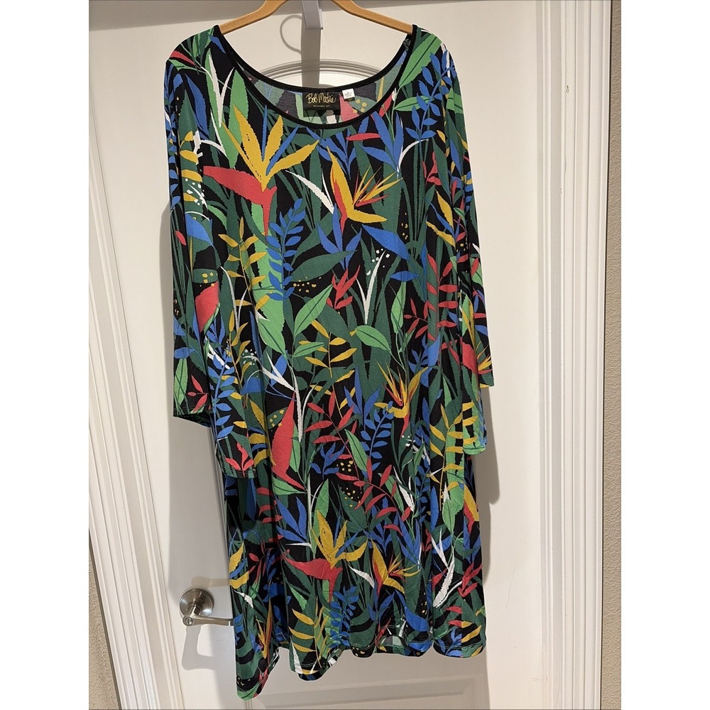 Bob Mackie Tropical Paradise Print Knit Dress Saddle Brown Size Large